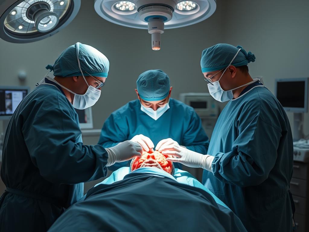Equipe médica realizando uma craniotomia para tratamento de tumor cerebral Equipe médica realizando uma craniotomia para tratamento de tumor cerebral