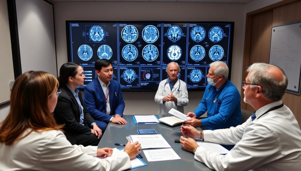 Equipe multidisciplinar discutindo opções de tratamento para tumor cerebral Equipe multidisciplinar discutindo opções de tratamento para tumor cerebral