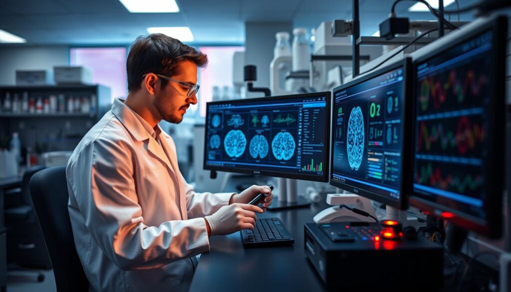 Pesquisador em laboratório desenvolvendo novas terapias para tumor cerebral Pesquisador em laboratório desenvolvendo novas terapias para tumor cerebral
