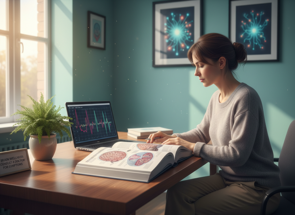 A serene and inviting workspace illustrates the concept of brain health. In the foreground, a wooden desk holds an open book with diagrams of the brain, alongside a laptop displaying brainwave patterns. A potted plant adds a touch of nature, symbolizing growth and vitality. In the middle ground, a professional woman in modest casual clothing studies the book intently, her expression focused and contemplative. In the background, a softly lit room with calming blue tones and artworks depicting neural connections sets a tranquil mood. The lighting is warm and natural, filtering in through a window, creating gentle shadows. This composition conveys a dedicated exploration of brain health and the importance of seeking medical advice for symptoms.