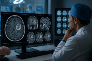 Neurocirurgião analisa ressonância de astrocitoma cerebral
