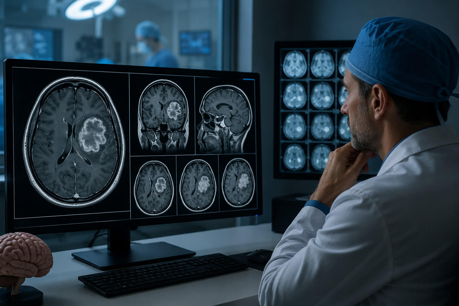 Neurocirurgião analisa ressonância de astrocitoma cerebral