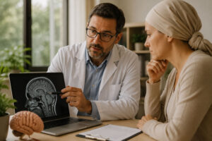 Neurocirurgião analisa ressonância de oligodendroglioma cerebral