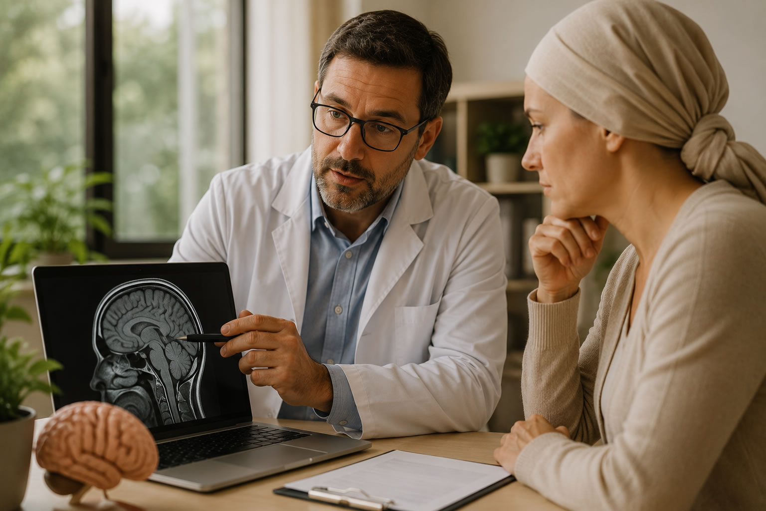 Neurocirurgião analisa ressonância de oligodendroglioma cerebral