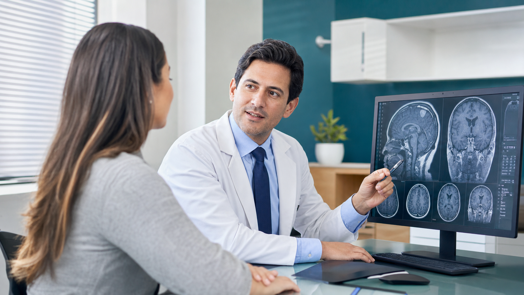 Neurocirurgião explica ressonância de tumor cerebral benigno para paciente