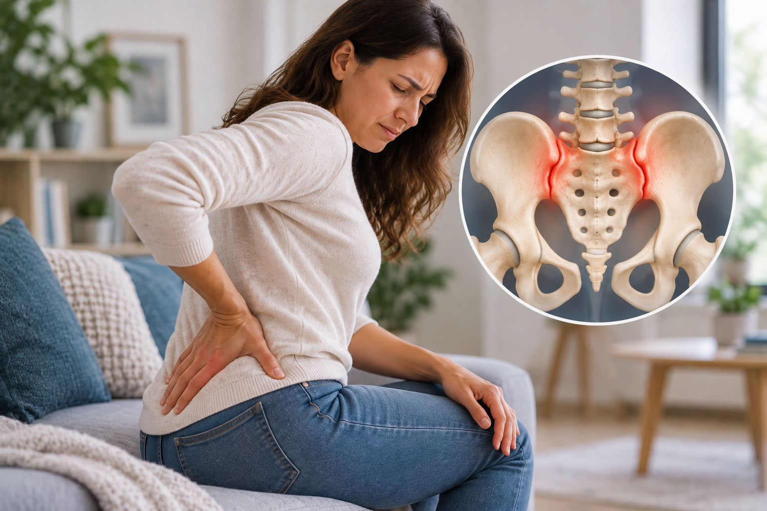Ilustração da articulação sacroilíaca inflamada representando a sacroileíte